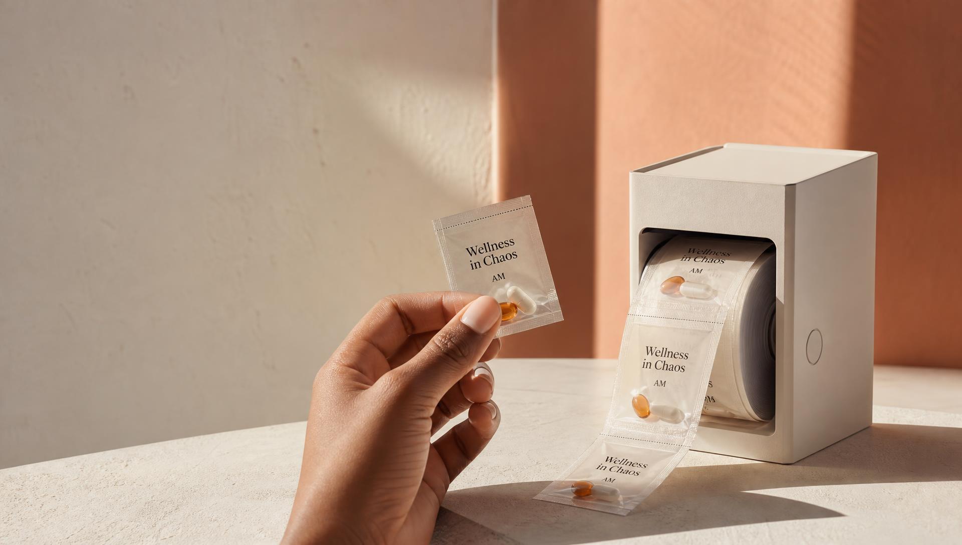 A woman's hand lifting a single sealed daily supplement pouch from a cream dispenser box
