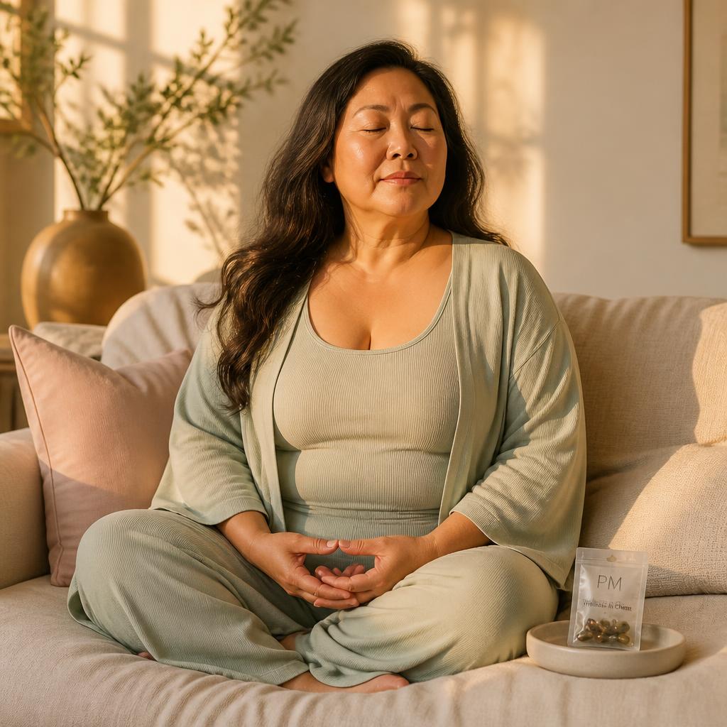 A woman resting peacefully in cream linen bedding under warm lamp light